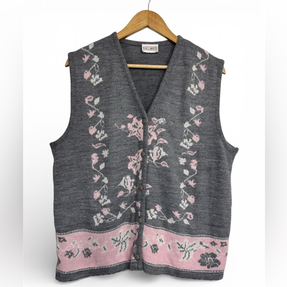Vintage Floral Knit Vest Soft Grey & Blush Button Front Cottagecore